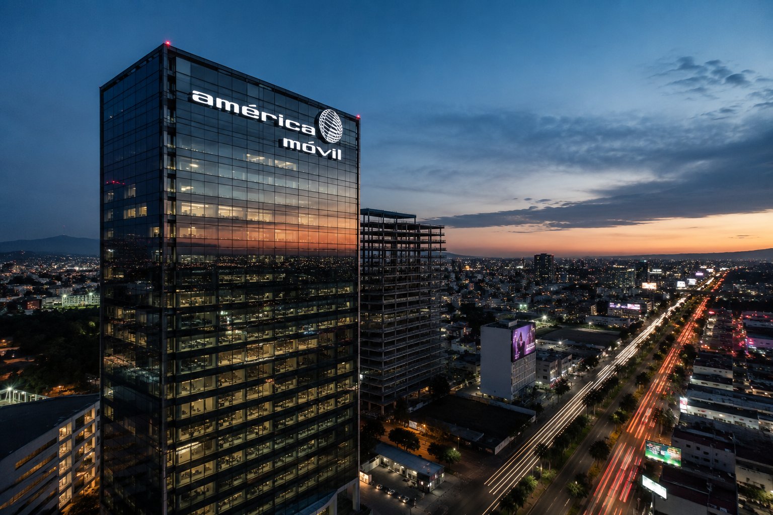 Edificio de América Móvil y Ciudad de México al atardecer