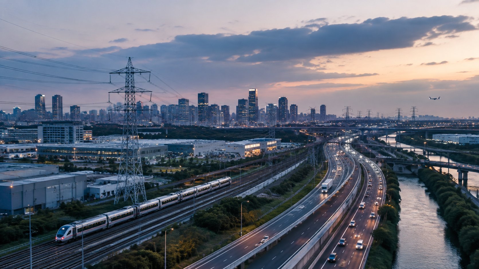 Corredor de infraestructura con líneas eléctricas, tren, carreteras y ciudad al atardecer