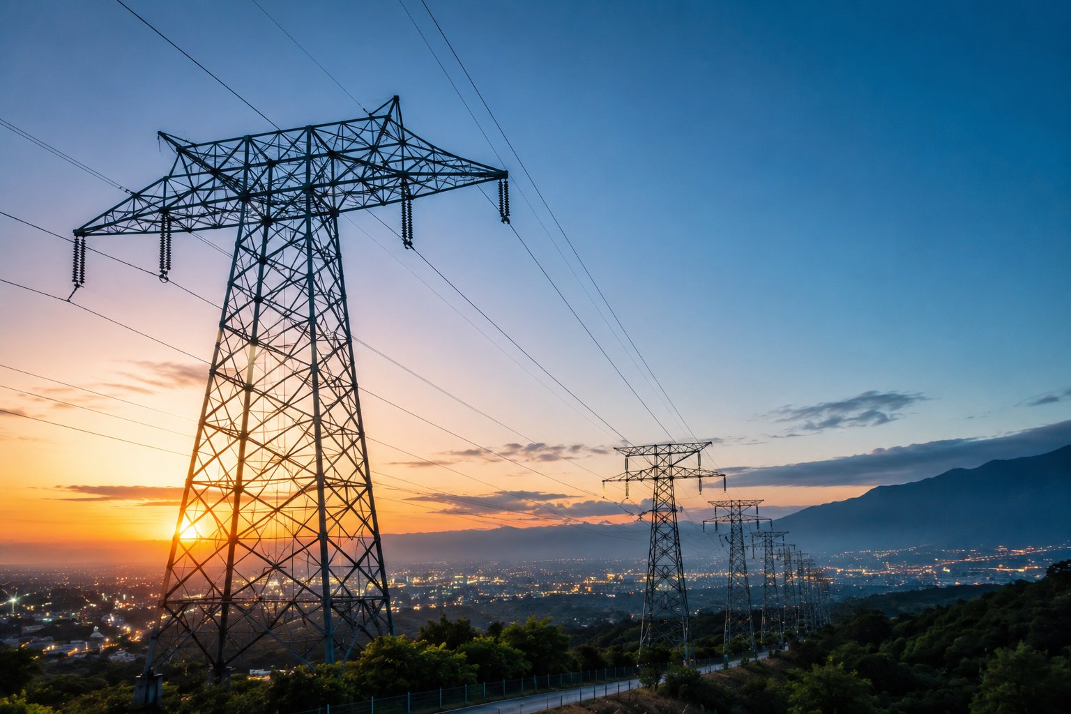 Torres de transmisión eléctrica al atardecer